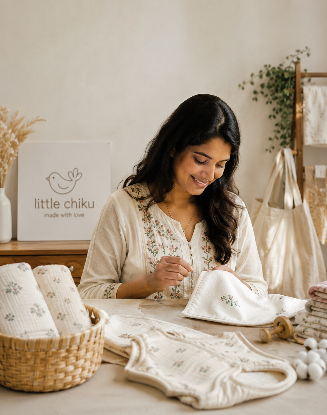 Little Chiku founder crafting handmade organic cotton baby products in Jaipur, India